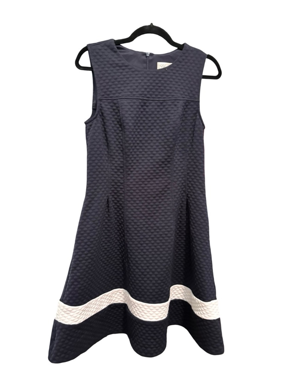 Eliza J Navy & White Textured Striped Fit and Flare Dress - Size 8